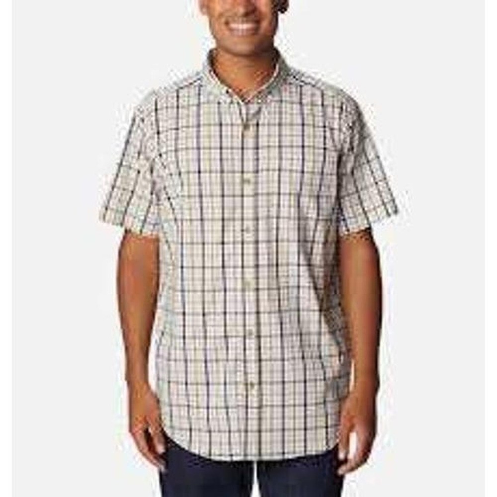 Columbia Omni-Wick Mens XL Plaid Short Sleeve Button Down Shirt Tan Blue Hiking